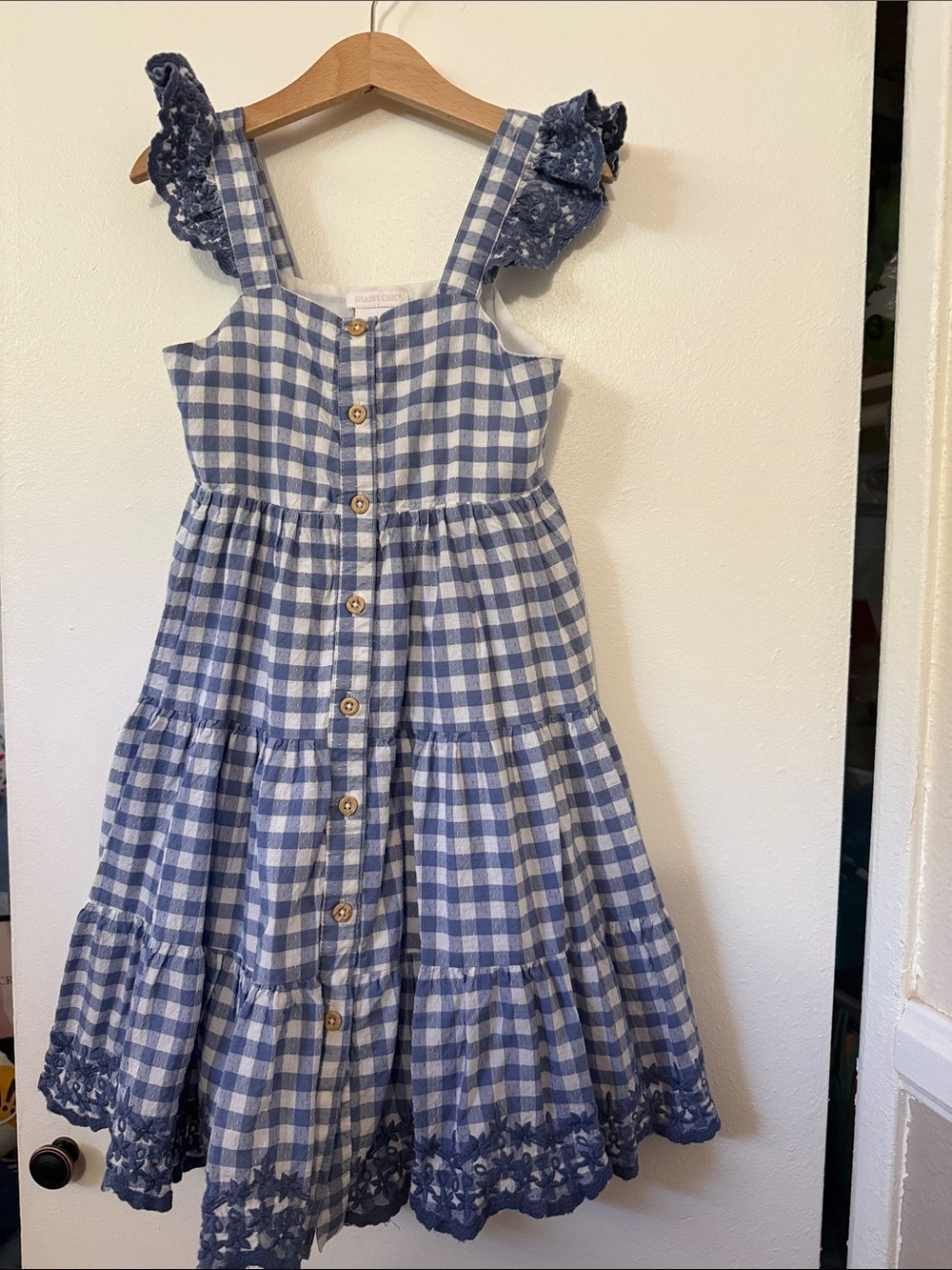 Shabby Chic Blue and White Gingham Tiered Button Dress with Lace Straps